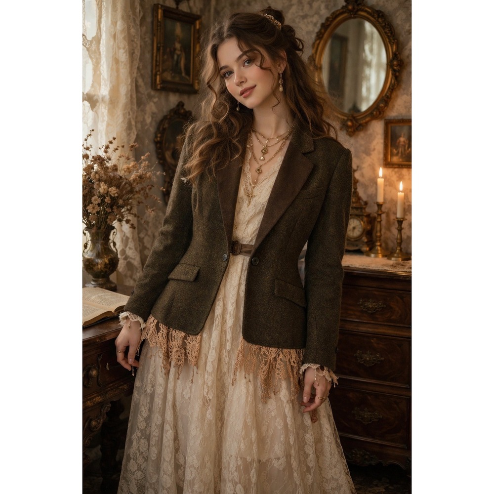 Vintage 316 XS Wool Jacket Blazer‎ Crochet Lace Trim Boho Victorian Academia